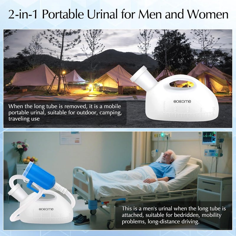 OOCOME Portable Urinals for Men, Men Urinal Bottle Spill Proof Reusable Male Pee Bottle Camping Toilet Thicken Men's Potty 2000 ml 47.2" Long Tube with Lid - Image 4